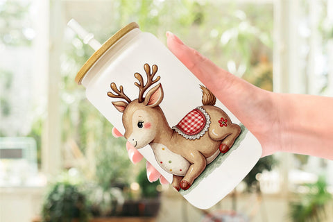 Glass Can Reindeer Patchwork Watercolor Sublimation artnoy 