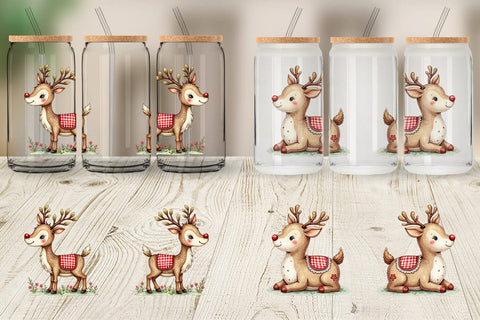 Glass Can Reindeer Patchwork Watercolor Sublimation artnoy 