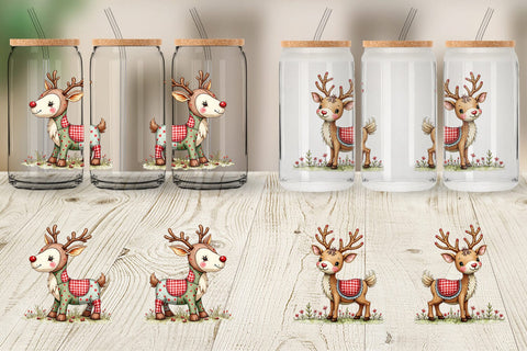 Glass Can Reindeer Patchwork Watercolor Sublimation artnoy 