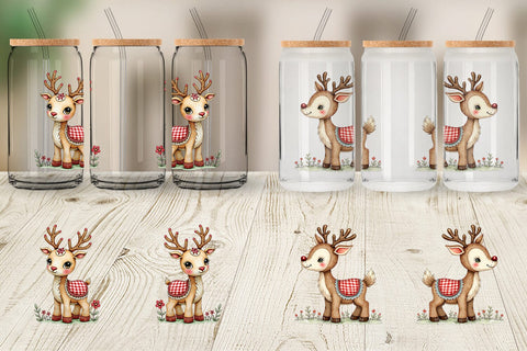 Glass Can Reindeer Patchwork Watercolor Sublimation artnoy 