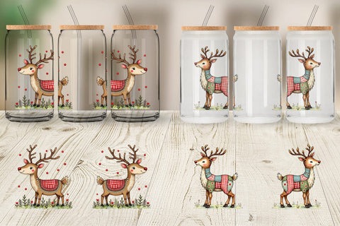 Glass Can Reindeer Patchwork Watercolor Sublimation artnoy 