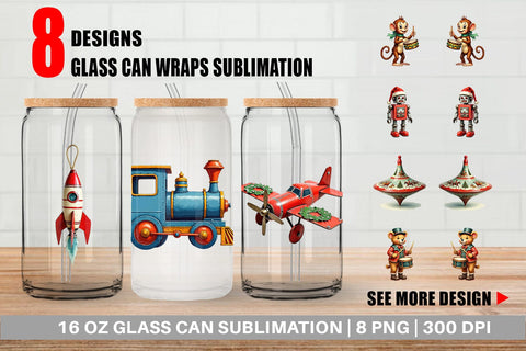 Glass Can Retro Christmas Tin Toy Treasures Watercolor Sublimation artnoy 