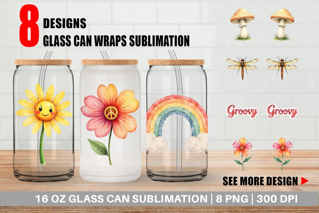 Glass Can Retro Groovy Florals Sublimation artnoy 