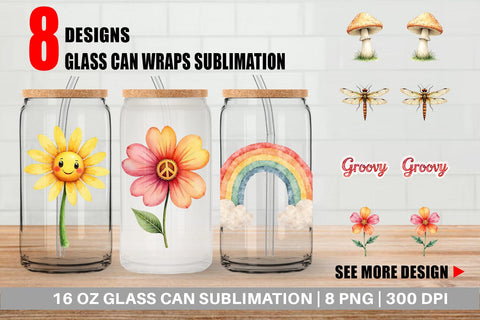 Glass Can Retro Groovy Florals Sublimation artnoy 