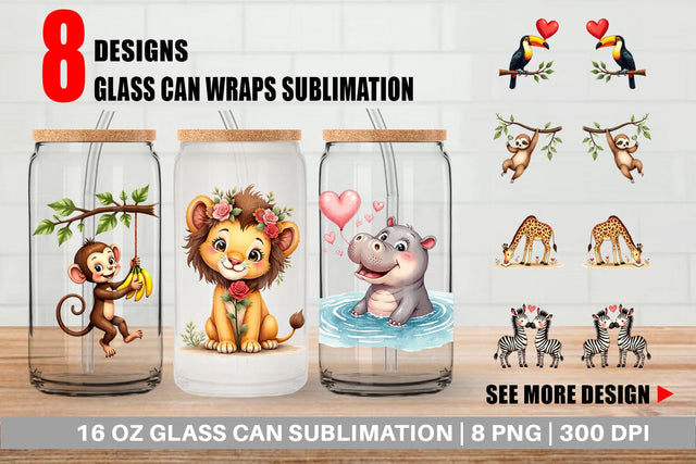 Glass Can Retro Jungle Love Valentine's Safari Animal Sublimation artnoy 