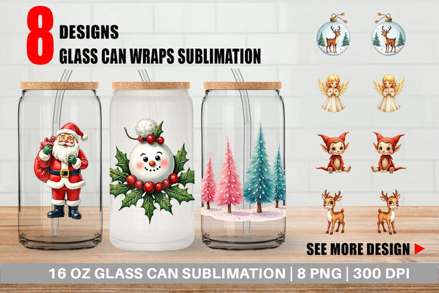 Glass Can Retro Kitsch Christmas Watercolor Sublimation artnoy 
