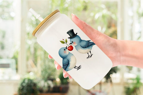 Glass Can Retro Lovebirds & Swans Valentine Watercolor Sublimation artnoy 