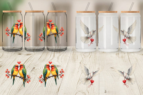 Glass Can Retro Lovebirds & Swans Valentine Watercolor Sublimation artnoy 