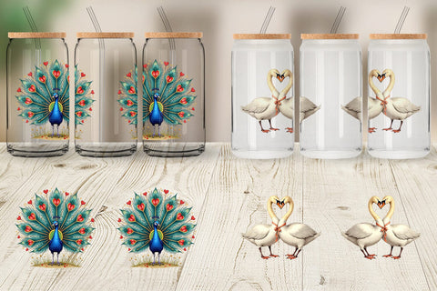 Glass Can Retro Lovebirds & Swans Valentine Watercolor Sublimation artnoy 