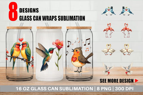 Glass Can Retro Lovebirds & Swans Valentine Watercolor Sublimation artnoy 