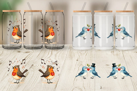Glass Can Retro Lovebirds & Swans Valentine Watercolor Sublimation artnoy 