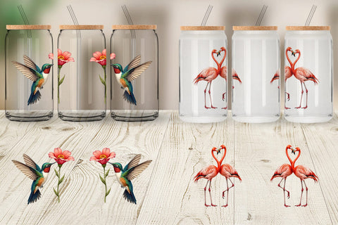 Glass Can Retro Lovebirds & Swans Valentine Watercolor Sublimation artnoy 