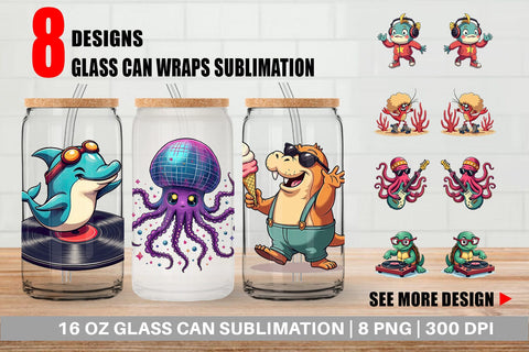 Glass Can Retro Sea Critters Sublimation artnoy 