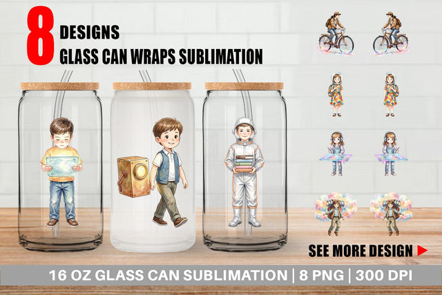 Glass Can Retro Space Kid School Watercolor Sublimation artnoy 