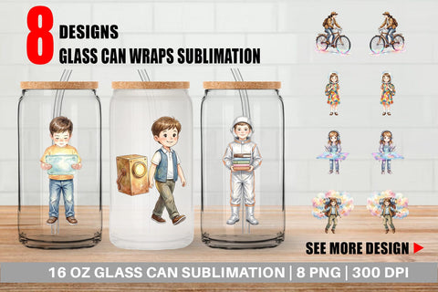 Glass Can Retro Space Kid School Watercolor Sublimation artnoy 