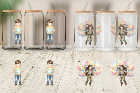 Glass Can Retro Space Kid School Watercolor Sublimation artnoy 