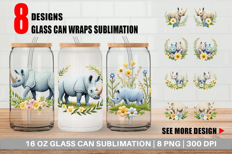 Glass Can Rhino Embroidery Sublimation artnoy 