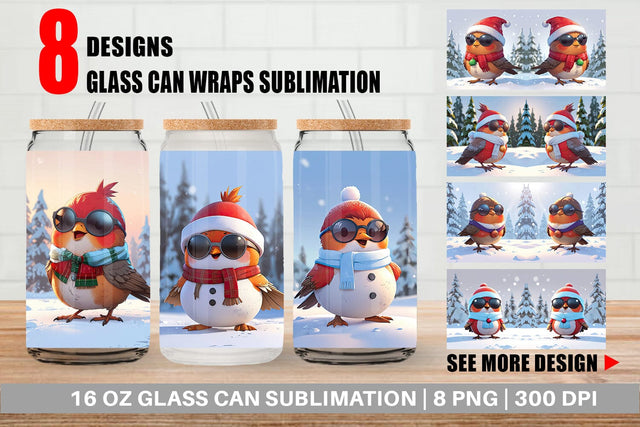 Glass Can Robin Bird Christmas Sublimation artnoy 