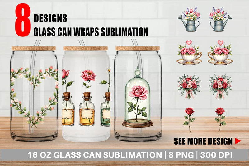 Glass Can Romantic Blooms Vintage Floral Valentine Sublimation artnoy 