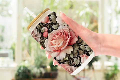 Glass Can Rose Pattern Sublimation artnoy 