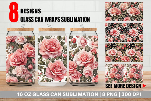 Glass Can Rose Pattern Sublimation artnoy 