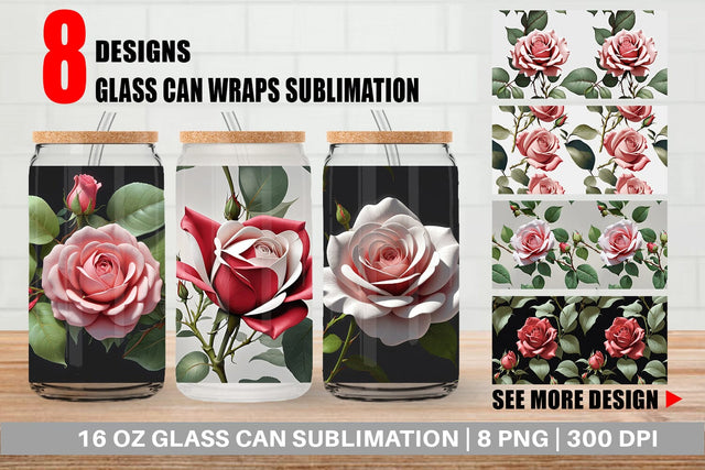 Glass Can Rose Pattern Sublimation artnoy 
