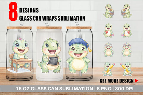Glass Can Round Storybook School Dino Sublimation artnoy 