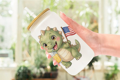 Glass Can Round Summer Treats Dino Watercolor Sublimation artnoy 