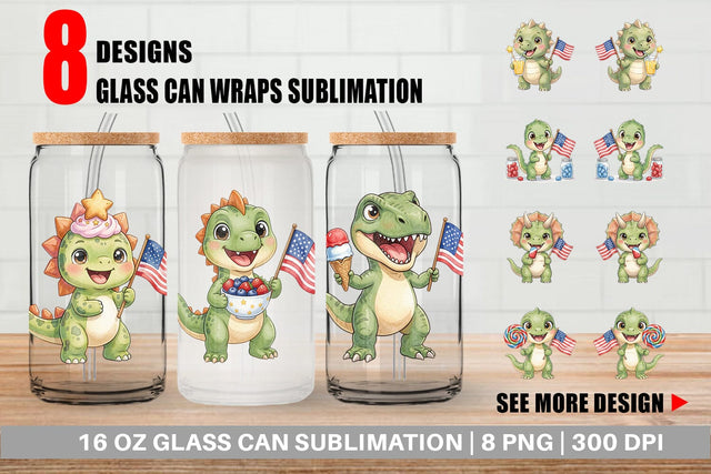 Glass Can Round Summer Treats Dino Watercolor Sublimation artnoy 