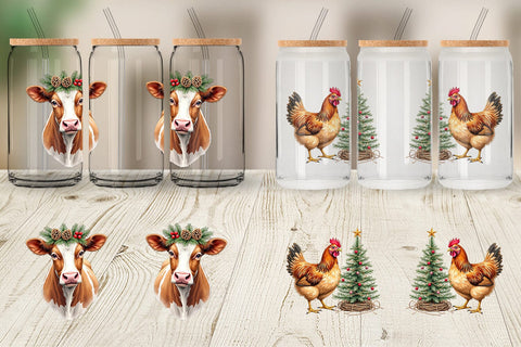 Glass Can Rustic Farmhouse Christmas Animals Watercolor Sublimation artnoy 