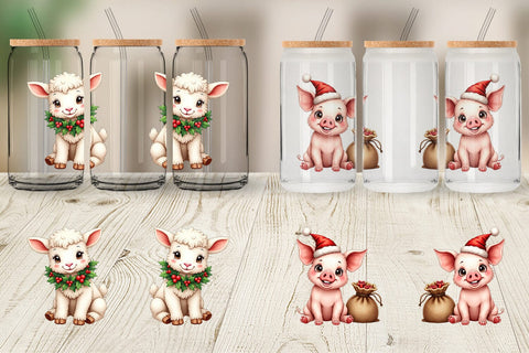 Glass Can Rustic Farmhouse Christmas Animals Watercolor Sublimation artnoy 
