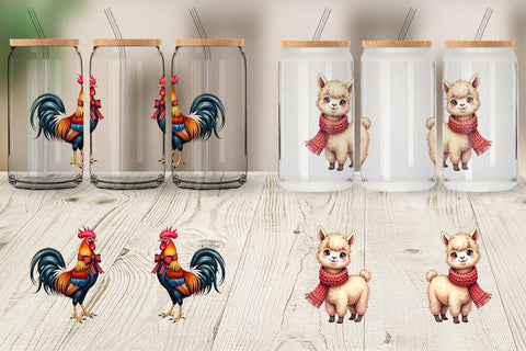 Glass Can Rustic Farmhouse Christmas Animals Watercolor Sublimation artnoy 