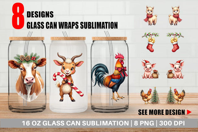 Glass Can Rustic Farmhouse Christmas Animals Watercolor Sublimation artnoy 