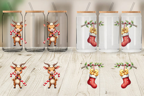 Glass Can Rustic Farmhouse Christmas Animals Watercolor Sublimation artnoy 