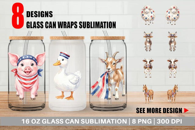 Glass Can Rustic Patriotic Farm Animals Sublimation artnoy 