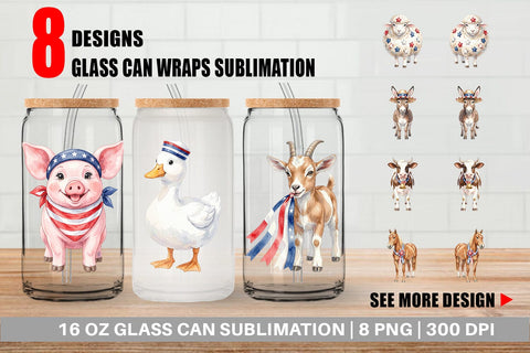 Glass Can Rustic Patriotic Farm Animals Sublimation artnoy 