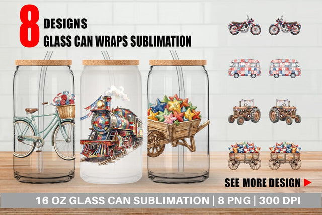 Glass Can Rustic USA Patchwork Vehicle Sublimation artnoy 
