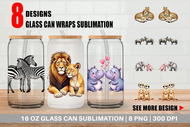 Glass Can Safari Sweethearts Watercolor Sublimation artnoy 