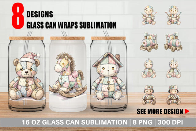 Glass Can Santa Workshop Patchwork Watercolor Sublimation artnoy 