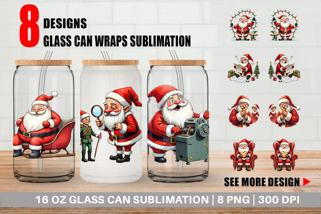 Glass Can Santa's Quirky Workshop Watercolor Sublimation artnoy 