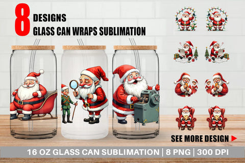 Glass Can Santa's Quirky Workshop Watercolor Sublimation artnoy 