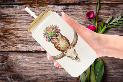 Glass Can Sarcastic Boho Desert Skull Watercolor Sublimation artnoy 