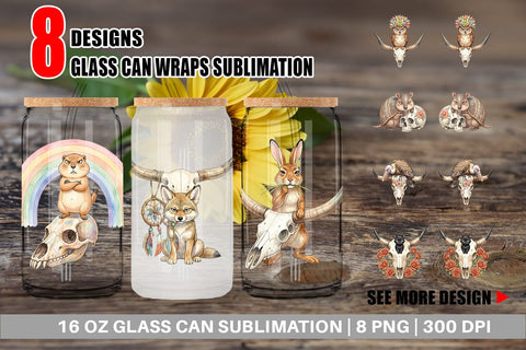 Glass Can Sarcastic Boho Desert Skull Watercolor Sublimation artnoy 