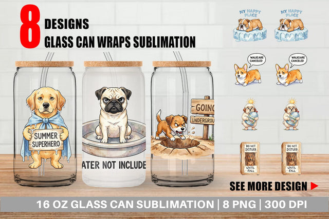 Glass Can Sarcastic Lazy Summer Dog Watercolor Sublimation artnoy 