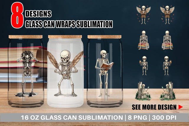 Glass Can Sarcastic Skeleton Dark Academia Sublimation artnoy 