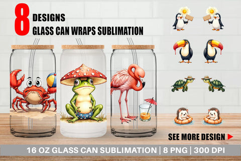 Glass Can Sarcastic Summer Animals Watercolor Sublimation artnoy 