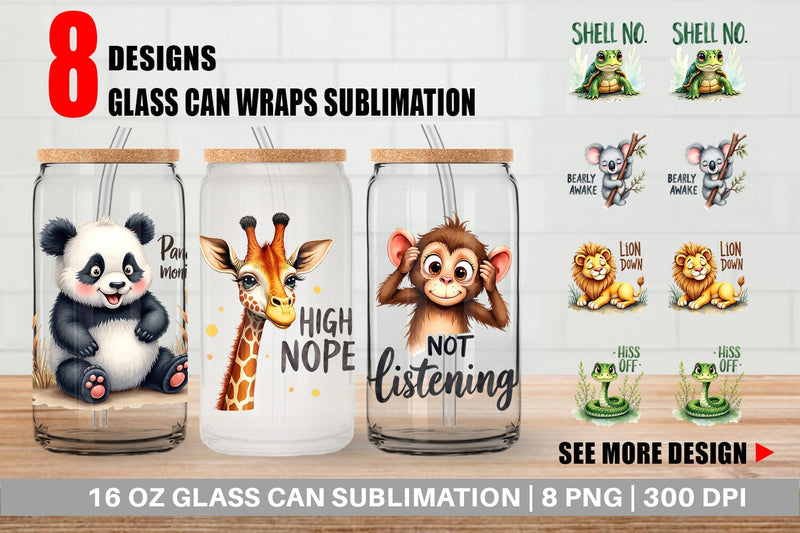 Glass Can Sassy Big-Eyed Animal Watercolor Puns Sublimation artnoy 