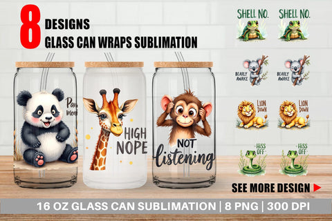 Glass Can Sassy Big-Eyed Animal Watercolor Puns Sublimation artnoy 