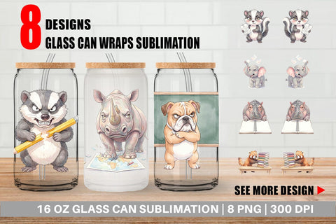 Glass Can Sassy Grumpy School Animal Sublimation artnoy 