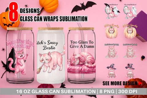Glass Can Sassy Pink Cat Halloween Watercolor Sublimation artnoy 